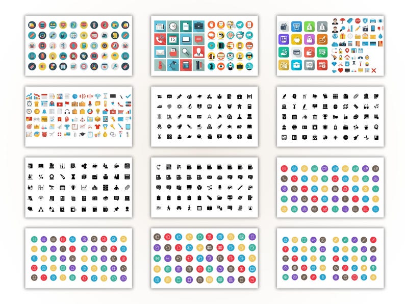 May include: Collection of various icons in different styles. The image features multiple rectangular arrangements of icons, including colorful circular icons, square icons, and black and white icons. The icons represent diverse concepts.