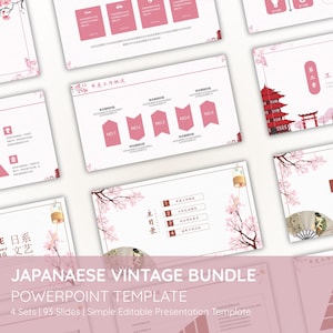 May include: A collection of PowerPoint presentation templates with a Japanese vintage theme. The slides feature pink and white color schemes, cherry blossom illustrations, and traditional Japanese architectural elements. The bundle includes 4 sets and 93 slides.