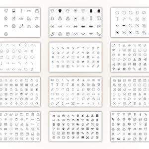 May include: A collection of twelve panels, each displaying a grid of small, black and white icons. The icons represent various objects and symbols, including clothing, arrows, and geometric shapes. The overall theme is a minimalist design.