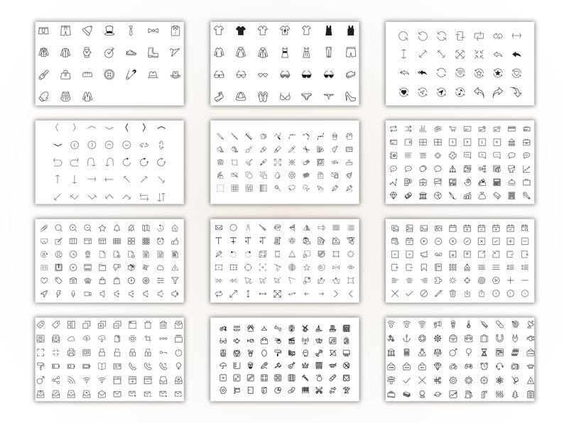May include: A collection of twelve panels, each displaying a grid of small, black and white icons. The icons represent various objects and symbols, including clothing, arrows, and geometric shapes. The overall theme is a minimalist design.