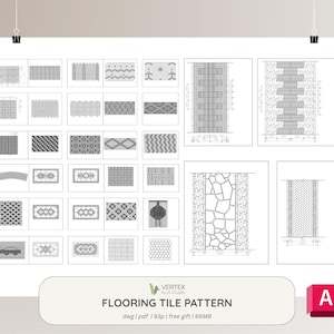 May include: A white poster featuring various black and white flooring tile patterns. The poster includes the text "FLOORING TILE PATTERN" and "VERTEX PLUS STUDIO" at the bottom. A red "A" is in the bottom right corner.