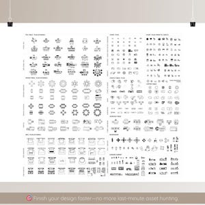 May include: A white poster featuring black line drawings of furniture layouts, including tables, chairs, and sofas. The text at the bottom reads, "Finish your design faster - no more last-minute asset hunting."
