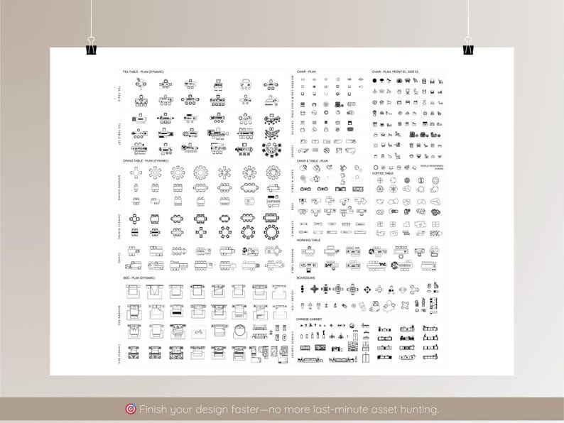 May include: A white poster featuring black line drawings of furniture layouts, including tables, chairs, and sofas. The text at the bottom reads, "Finish your design faster - no more last-minute asset hunting."