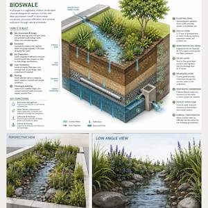 May include: An illustrated diagram of a bioswale, a vegetated channel for stormwater runoff. The cross-section shows layers of soil, drainage, and vegetation. Text explains the bioswale's function and construction, with a perspective and low-angle view.