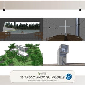 May include: Architectural renderings of Tadao Ando designs. The image shows multiple views of buildings, including interior and exterior perspectives. The renderings feature concrete structures, natural light, and minimalist design. The text reads "16 TADAO ANDO SU MODELS".