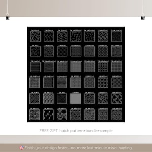 May include: A white poster displaying a black grid of diverse patterns, such as lines, dots, and geometric forms. The text "FREE GIFT: hatch pattern+bundle+sample" is at the bottom. The poster is secured by two black clips.