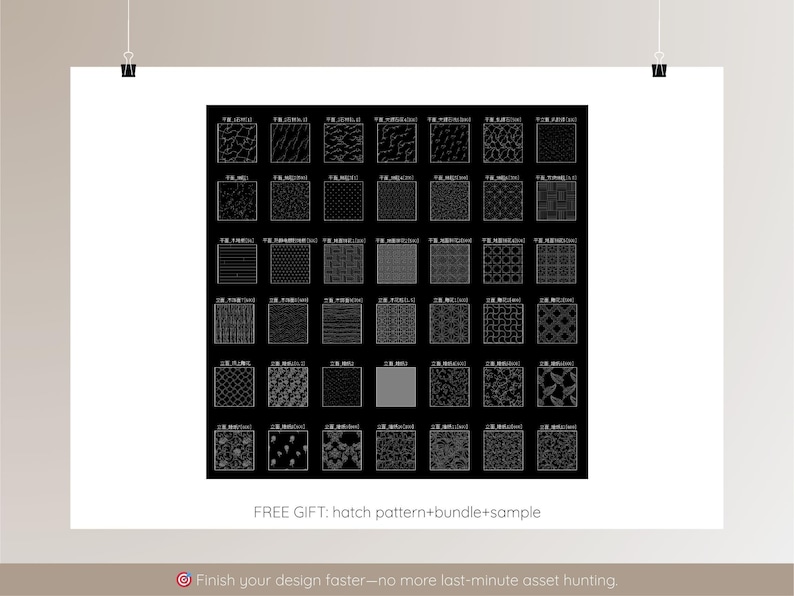May include: A white poster displaying a black grid of diverse patterns, such as lines, dots, and geometric forms. The text "FREE GIFT: hatch pattern+bundle+sample" is at the bottom. The poster is secured by two black clips.