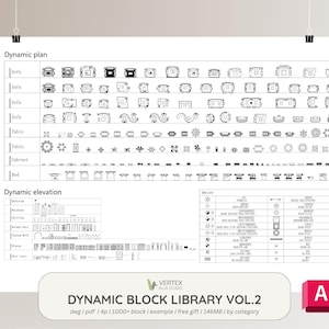 Peut inclure: Un plan architectural blanc intitulé "Dynamic Block Library Vol. 2" avec divers symboles de meubles, dont des canapés, des tables, des armoires et des lits. Le plan comprend des vues en plan et en élévation dynamiques. L'image est maintenue par deux pinces noires.