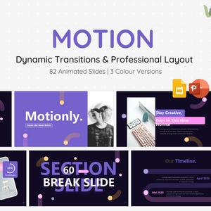 Op de afbeelding: Een promotionele afbeelding voor een presentatiesjabloon met de titel "MOTION". Het ontwerp heeft een paars en wit kleurenschema met de tekst "MOTION" en "Dynamic Transitions & Professional Layout". Het bevat 82 geanimeerde dia's en 3 kleurversies.