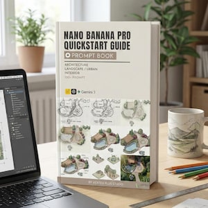 Op de afbeelding: Een boek getiteld "Nano Banana Pro Quickstart Guide" met de ondertitel "Prompt Book". De omslag toont illustraties van architectuur en landschapsontwerp. Het boek ligt op een houten bureau naast een laptop en een mok met een berglandschap.