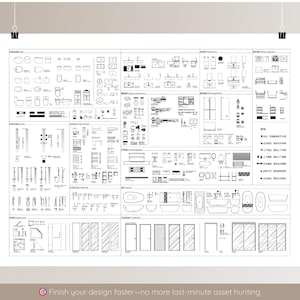 May include: A monochrome architectural blueprint poster displaying various bathroom fixtures and design elements. The poster includes the text: "Finish your design faster - no more last-minute asset hunting."