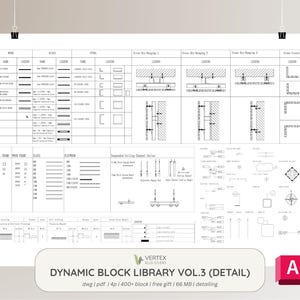 Peut inclure: Un plan architectural détaillé, suspendu par des clips, présentant divers schémas de construction et légendes. Le document comprend du texte et des symboles pour différents éléments de construction. Le titre "DYNAMIC BLOCK LIBRARY VOL.3 (DETAIL)" est visible en bas.