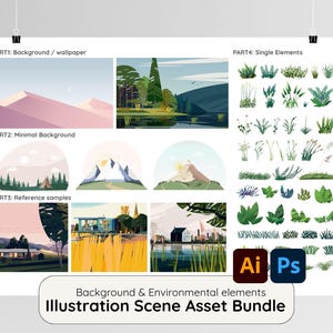 May include: A poster showcasing an illustration scene asset bundle. It includes background/wallpaper, minimal background, and reference samples. Single elements like plants and trees are also shown. The text "Background & Environmental elements Illustration Scene Asset Bundle" is displayed.