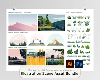 Paquete de recursos para escenas de ilustración / Elementos de fondo y entorno (AI, PSD)