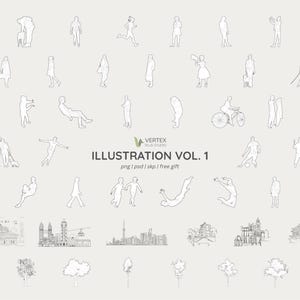 May include: Illustration Vol. 1, a collection of line art figures and architectural sketches. The image features various human figures in different poses, along with drawings of buildings and trees. The text "ILLUSTRATION VOL. 1" is visible.