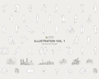 Illustrated Line Drawing Cutouts Bundle | Human, Plants & Building | PNG, PSD, SU | Architecture and Design | Free Gift
