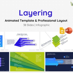 May include: A presentation slide deck titled "Layering" with the text "Animated Template & Professional Layout" and "38 Slides | Infographic." The design features various infographic elements, including charts, diagrams, and text boxes in blue, green, and yellow.