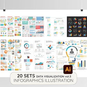 May include: A poster displaying a range of data visualization infographics. The illustrations use various charts, graphs, and icons in a vibrant colour scheme. The text at the bottom reads "20 SETS DATA VISUALIZATION vol.3 INFOGRAPHICS ILLUSTRATION".