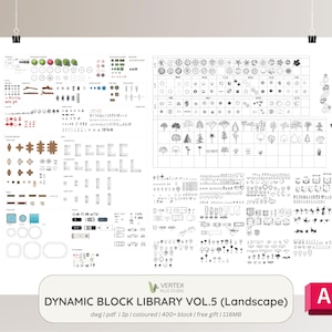 Op de afbeelding: Een witte poster met architectonische en landschappelijke ontwerpelementen. De poster bevat verschillende diagrammen, symbolen en tekst, waaronder "DYNAMIC BLOCK LIBRARY VOL.5 (Landscape)". De poster wordt opgehangen door twee zwarte clips.