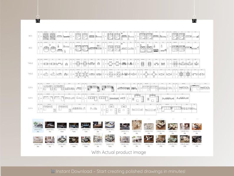 May include: A white poster featuring black line drawings of furniture designs, such as beds, tables, and sofas. Below the drawings are small colour photographs of furniture. The text "With Actual product image" is visible.