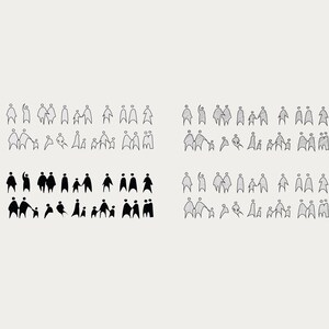May include: A collection of stylized human figure illustrations in black and gray, arranged in rows and columns. The figures depict individuals, couples, and families, with varying poses and interactions. The background is a light beige color.
