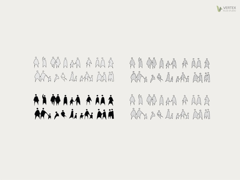 May include: A collection of stylized human figure illustrations in black and gray, arranged in rows and columns. The figures depict individuals, couples, and families, with varying poses and interactions. The background is a light beige color.