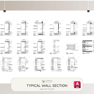 Puede incluir: Un póster blanco con múltiples dibujos en blanco y negro de secciones de muros arquitectónicos. El póster incluye el texto "TYPICAL WALL SECTION" y el logotipo CAD. El póster está sujeto por dos clips negros.