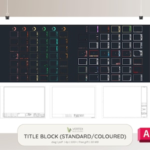 Puede incluir: Un póster blanco con un fondo oscuro que presenta múltiples diseños rectangulares con bordes coloridos. El texto "TITLE BLOCK (STANDARD/COLOURED)" está en la parte inferior, junto con el logotipo de Vertex Plus Studio y otros detalles.