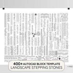 May include: A monochrome architectural plan featuring numerous stepping stone designs. The image includes the text "400+ AUTOCAD BLOCK TEMPLATE LANDSCAPE STEPPING STONES" and a "+ FREE GIFT" label. The designs are in various shapes and sizes.