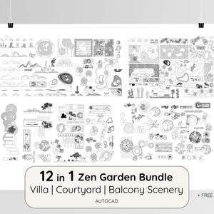 May include: A monochrome architectural drawing of a Zen garden bundle. The image features various garden designs, including villas, courtyards, and balcony scenery. Text on the image reads "12 in 1 Zen Garden Bundle" and "AUTOCAD".