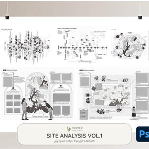 Puede incluir: Un póster de análisis de sitio arquitectónico en blanco y negro, "SITE ANALYSIS VOL.1", con diagramas, gráficos e ilustraciones. El póster incluye el logotipo de Vertex Plus Studio y el icono de Photoshop. El póster está sujeto por dos clips negros.