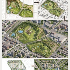 May include: A detailed architectural rendering of a master plan, showcasing a park design with green spaces, water features, and buildings. The image includes the text "Coloured Master Plan to Isometric Site Rendering" and the Vertex Plus Studio logo.