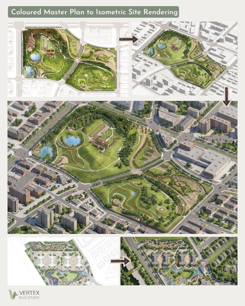 May include: A detailed architectural rendering of a master plan, showcasing a park design with green spaces, water features, and buildings. The image includes the text "Coloured Master Plan to Isometric Site Rendering" and the Vertex Plus Studio logo.