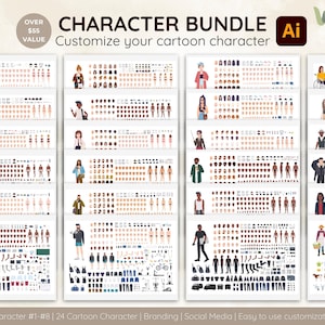 May include: A digital character bundle with the text "Character Bundle" and "Customise your cartoon character". The image displays various character components, including hairstyles, clothing, and body parts, for creating custom cartoon avatars.