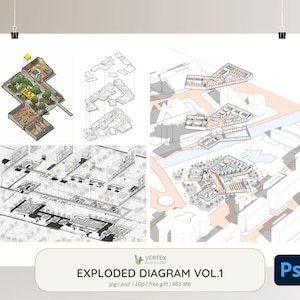 May include: A poster with architectural diagrams, including isometric and exploded views of buildings and landscapes. The diagrams are in colour and black and white. The poster includes the text "EXPLODED DIAGRAM VOL.1" and the Adobe Photoshop logo.