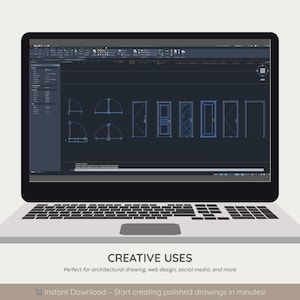 May include: A laptop displaying architectural drawings of doors and arches. The screen shows a dark interface with blue line drawings. Below the screen, the text reads "CREATIVE USES" and "Perfect for architectural drawing, web design, social media, and more."