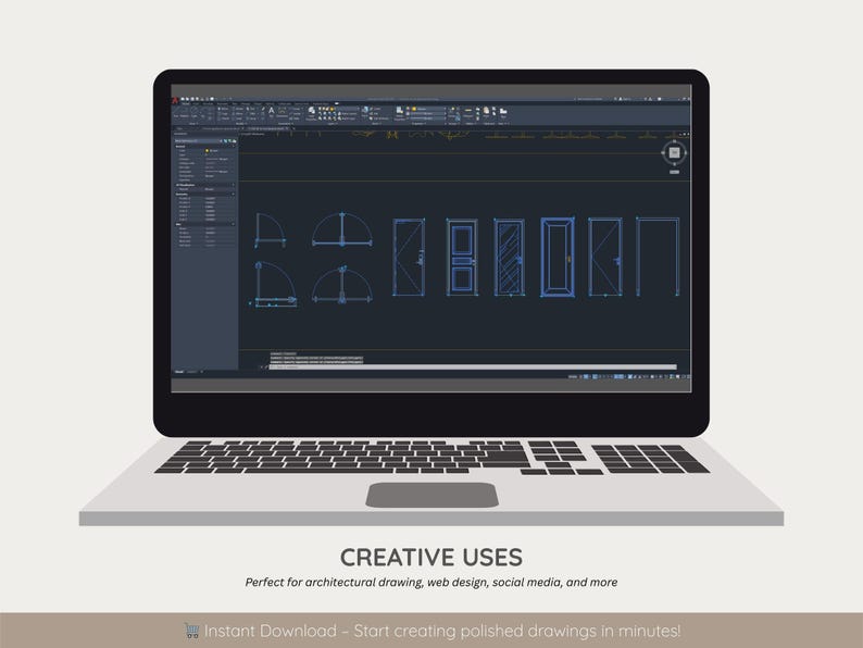 May include: A laptop displaying architectural drawings of doors and arches. The screen shows a dark interface with blue line drawings. Below the screen, the text reads "CREATIVE USES" and "Perfect for architectural drawing, web design, social media, and more."