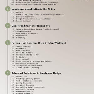 May include: A vertical image with a white background features a detailed table of contents for a course on landscape design. The text is organized into numbered sections with subtopics, including topics like AI, workflow, and advanced techniques. The Vertex Plus Studio logo is in the upper right corner.