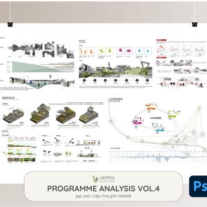 Op de afbeelding: Een witte poster met architectonische diagrammen en illustraties, waaronder plattegronden, siteplannen en infographics. De poster bevat de tekst "PROGRAMME ANALYSIS VOL.4" en het Vertex Plus Studio-logo.