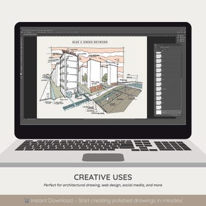May include: A laptop displays an architectural sketch with the text "BLUE X GREEN NETWORK." The screen shows a detailed drawing of buildings and surrounding landscape. Below the laptop, the text reads "CREATIVE USES" and "Perfect for architectural drawing, web design, social media, and more."