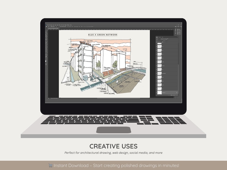 May include: A laptop displays an architectural sketch with the text "BLUE X GREEN NETWORK." The screen shows a detailed drawing of buildings and surrounding landscape. Below the laptop, the text reads "CREATIVE USES" and "Perfect for architectural drawing, web design, social media, and more."