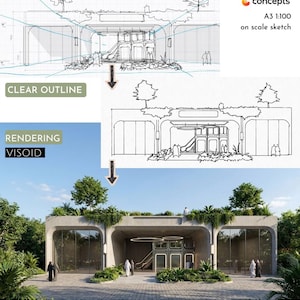 May include: Architectural rendering of a contemporary building with a concrete facade, glass windows, and abundant greenery. The image includes a conceptual sketch, a clear outline, and a final rendering. The building has a distinctive design with a curved roof and a central entrance.