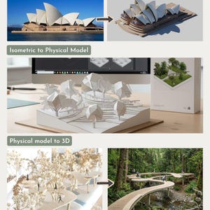 May include: Image showing the transformation of architectural designs from real-world photos to 3D models. The process includes converting the Sydney Opera House into a 3D model, an isometric view to a physical model, and a physical model to a 3D rendering. The Vertex Plus Studio logo is at the bottom.