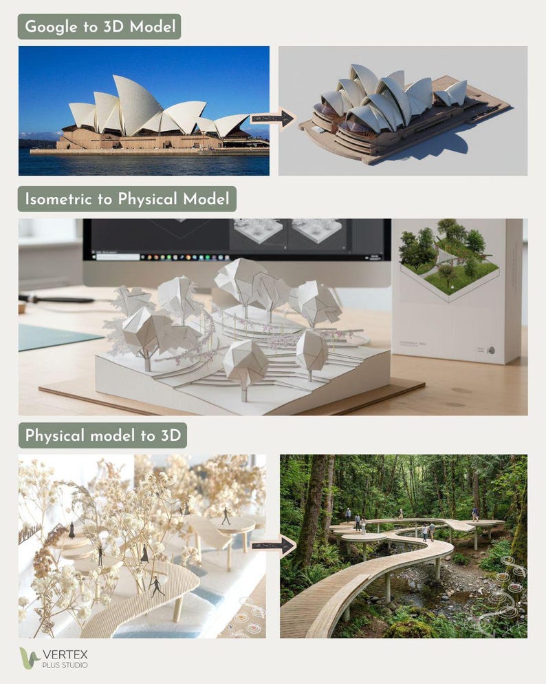 May include: Image showing the transformation of architectural designs from real-world photos to 3D models. The process includes converting the Sydney Opera House into a 3D model, an isometric view to a physical model, and a physical model to a 3D rendering. The Vertex Plus Studio logo is at the bottom.