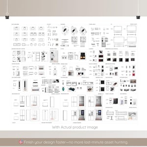 May include: A white poster featuring black line drawings of household items like washing machines and fridges. Text includes "With Actual product image" and "Finish your design faster-no more last-minute asset hunting." The image is attached with black clips.