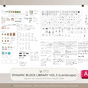 May include: A white poster displaying a range of architectural and landscape design elements, such as trees, furniture, and shapes. The poster includes the text "DYNAMIC BLOCK LIBRARY VOL.5 (Landscape)" and "Instant Download - Start creating polished drawings in minutes!"