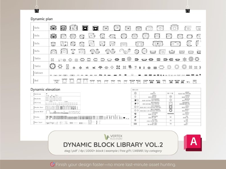 May include: A white architectural plan sheet featuring black line drawings of furniture and building elements. The sheet includes the text "Dynamic Block Library Vol. 2" and "Finish your design faster - no more last-minute asset hunting."