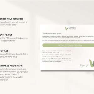 May include: A white card with the Vertex logo and a Google Download Link. The card includes instructions: purchase template, open PDF, save files, and customize and share. The background is a light beige.