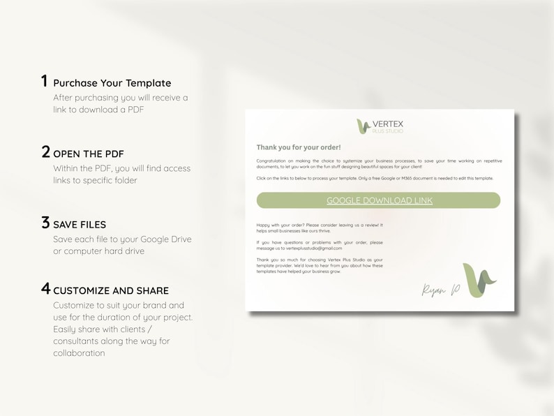 May include: A white card with the Vertex logo and a Google Download Link. The card includes instructions: purchase template, open PDF, save files, and customize and share. The background is a light beige.
