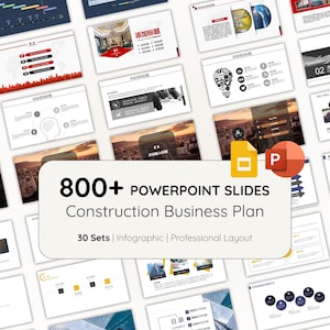 May include: A collection of PowerPoint slides with a white background. The image features a title card that reads "800+ POWERPOINT SLIDES Construction Business Plan" with the text "30 Sets | Infographic | Professional Layout". The slides are for business and construction.